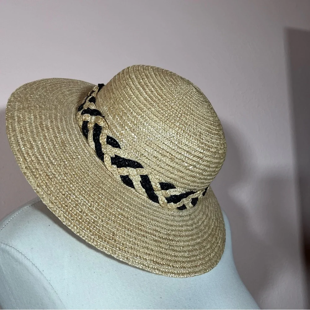 Vintage 90 Y2K Natural Straw Flat Wide brim Sunhat Coastal Grandma - Picture 5 of 14